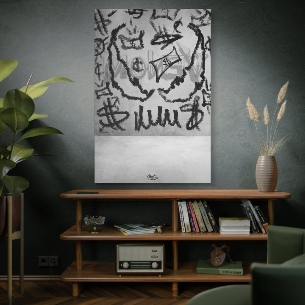 We Are Money oversized canvas on a green-gray wall over bookshelves, black-and-white urban abstract brushwork