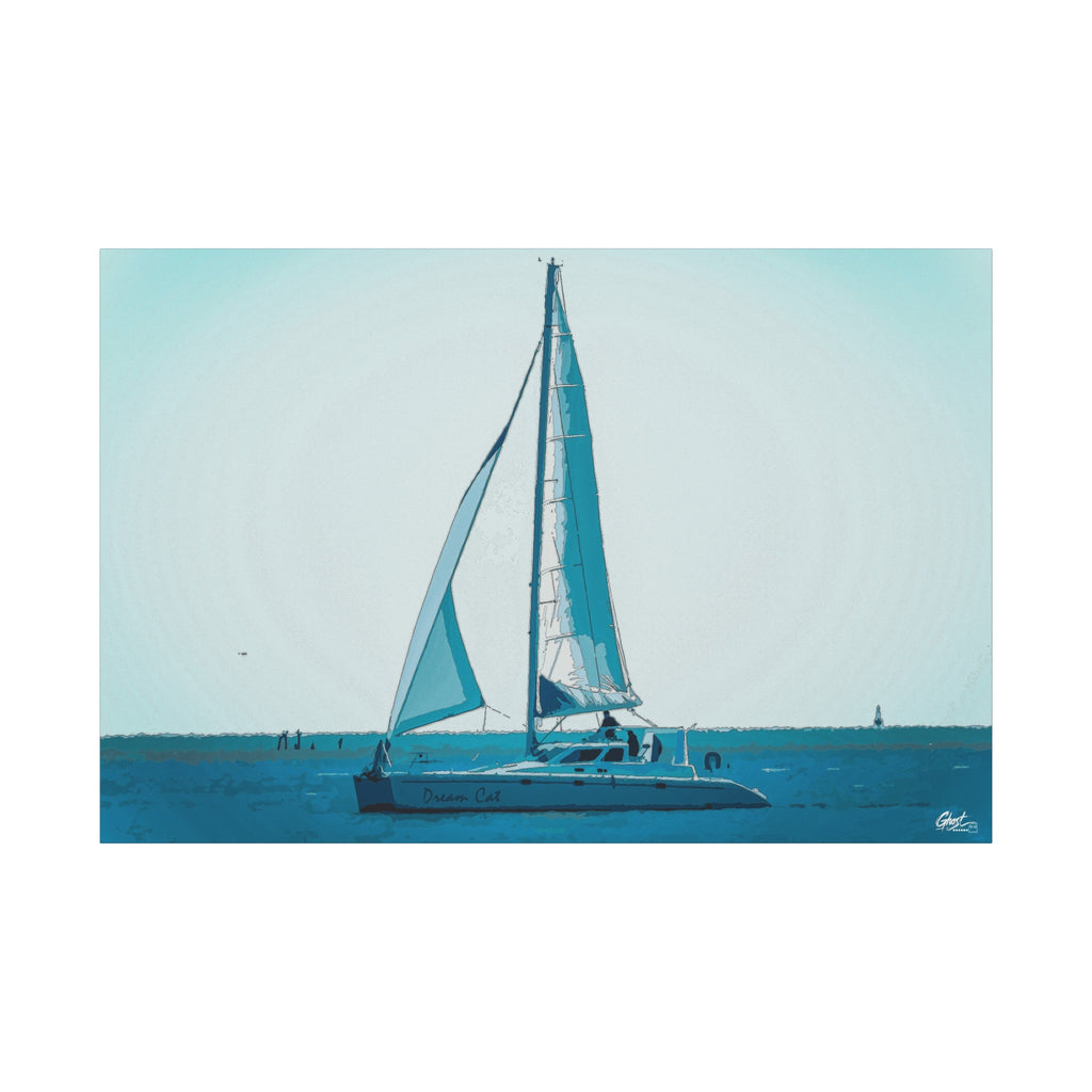 Freedom Sailing canvas print, front view: lone sailboat on soft aqua and teal water, Charleston SC