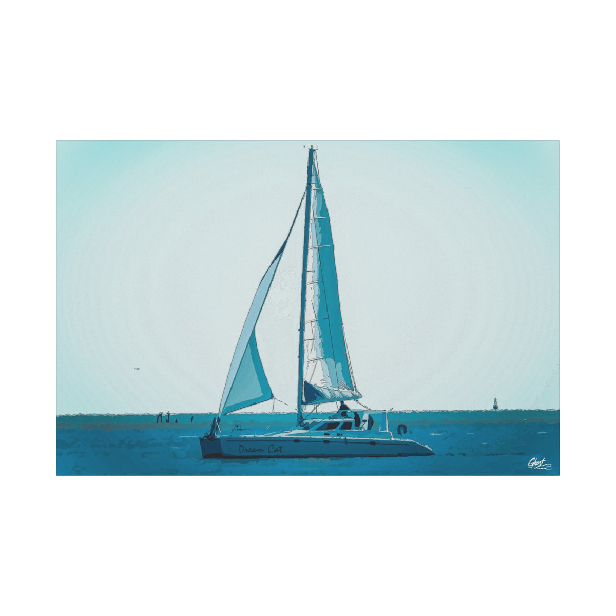 Freedom Sailing canvas print, front view: lone sailboat on soft aqua and teal water, Charleston SC