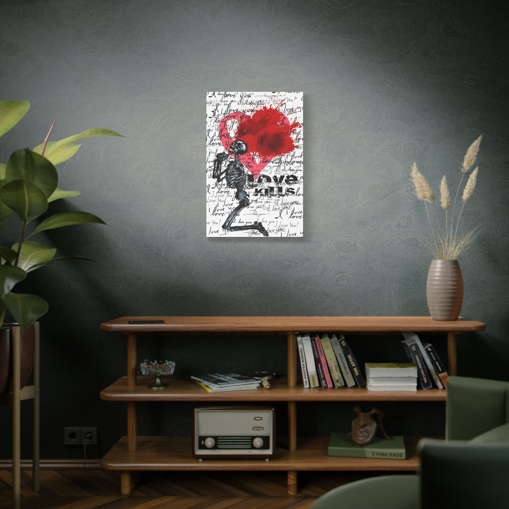 Love Kills medium canvas on a green-gray wall over bookshelves, kneeling skeleton before a burst pink and crimson heart