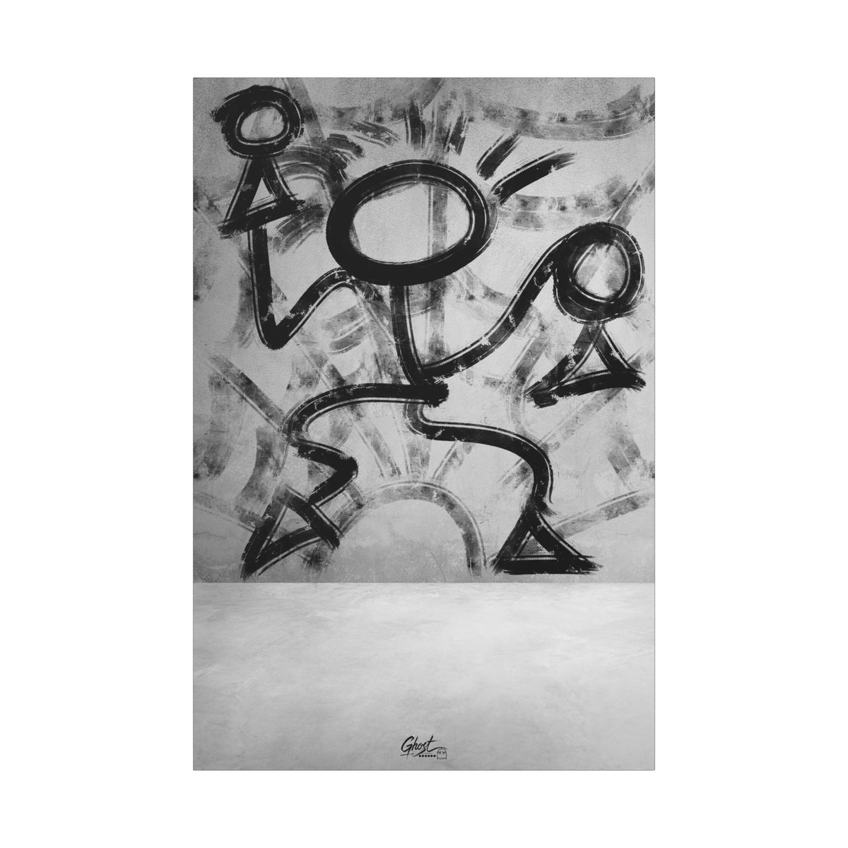 Trapped canvas print, front view: black-and-white brushstroke figure pressing against invisible walls