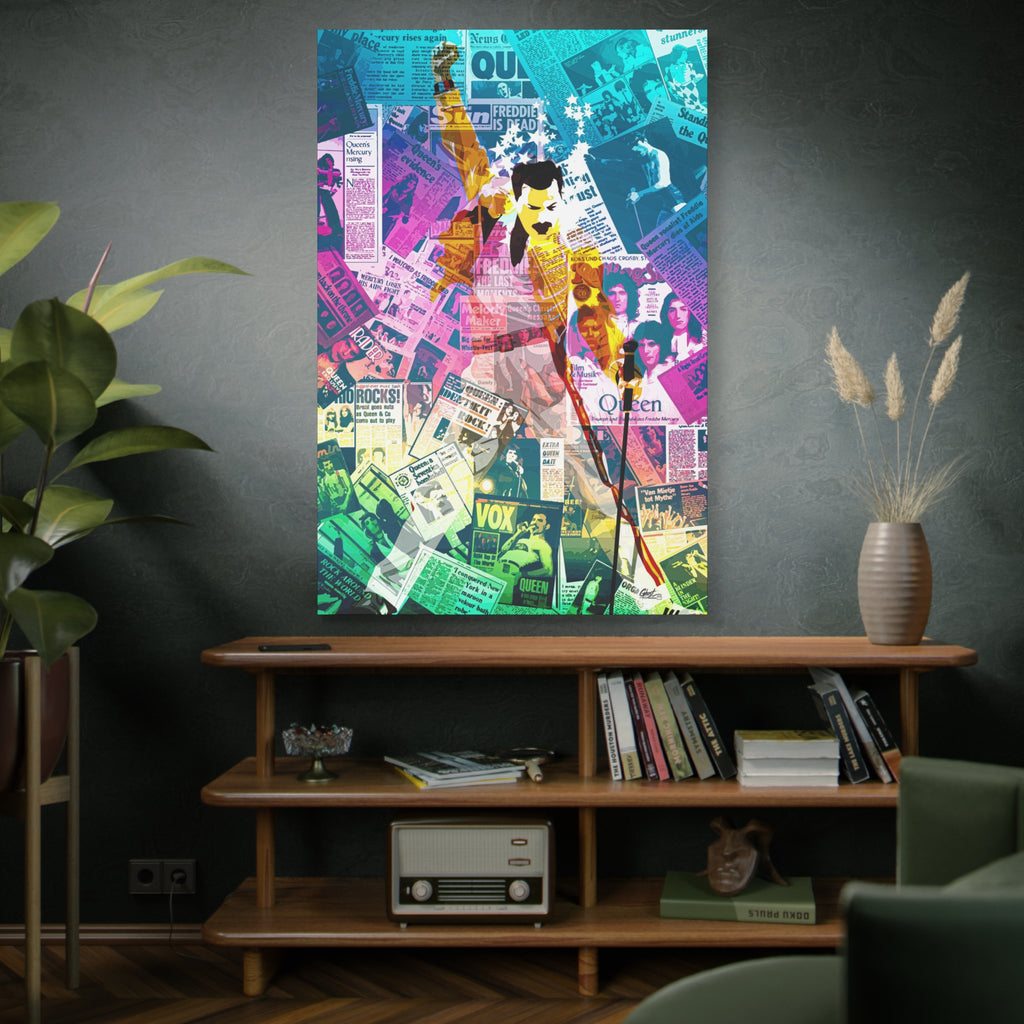 The Showman oversized canvas above a wooden bookshelf, figure in a yellow jacket, fist raised, over newspaper collage