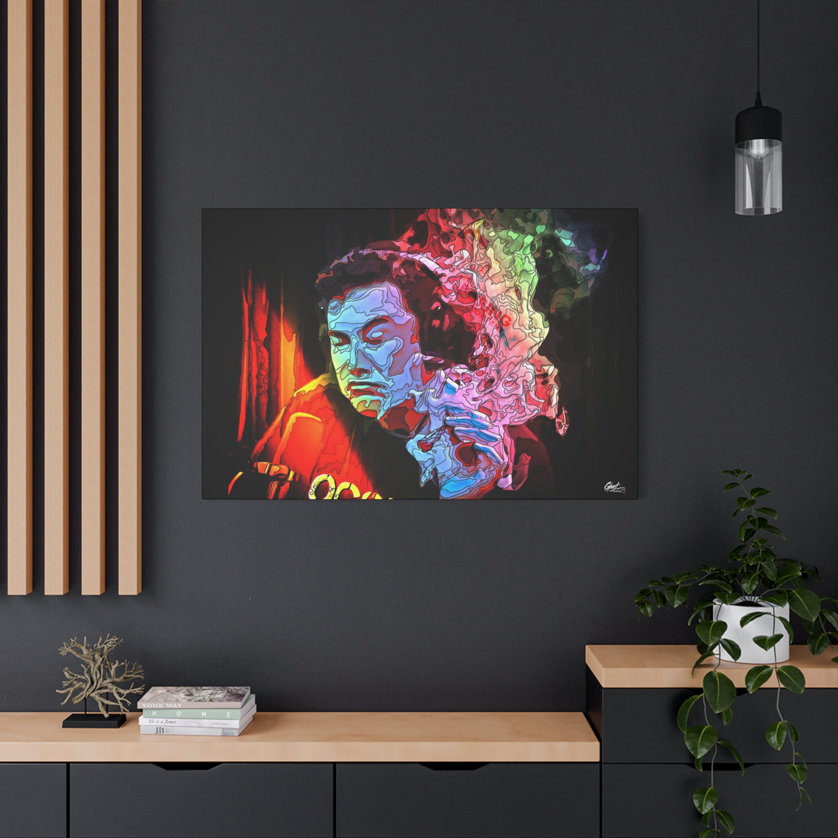 Launch Window large canvas on a charcoal wall by wood slats, ice-blue portrait with an eruption of psychedelic smoke