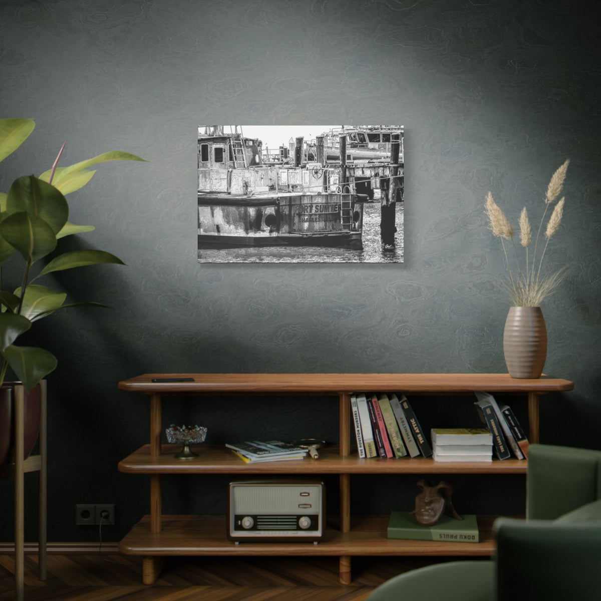 Fort Sumter Original medium canvas on a green-gray wall over bookshelves, weathered harbor boat sketched over in pen