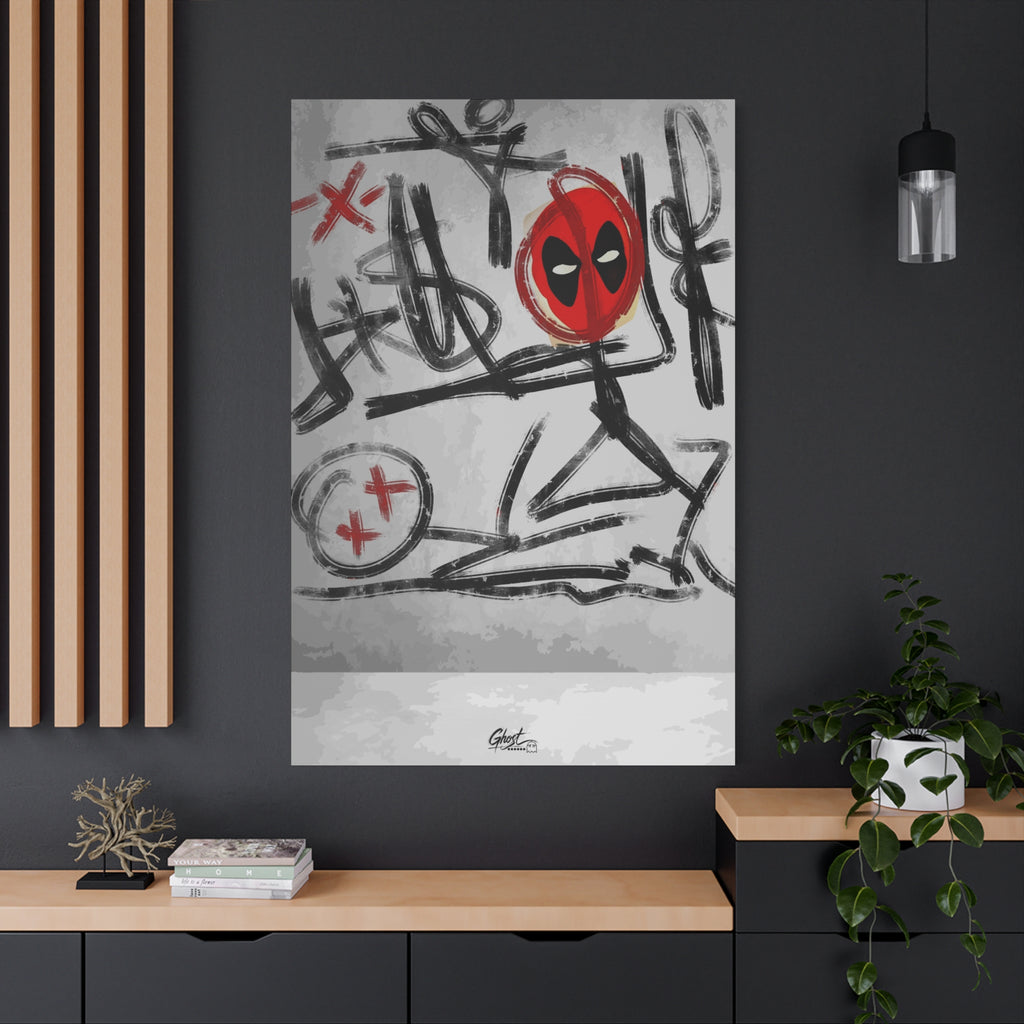 X'd Out oversized canvas on a charcoal wall over an oak shelf, gritty black-and-white strokes with red accents