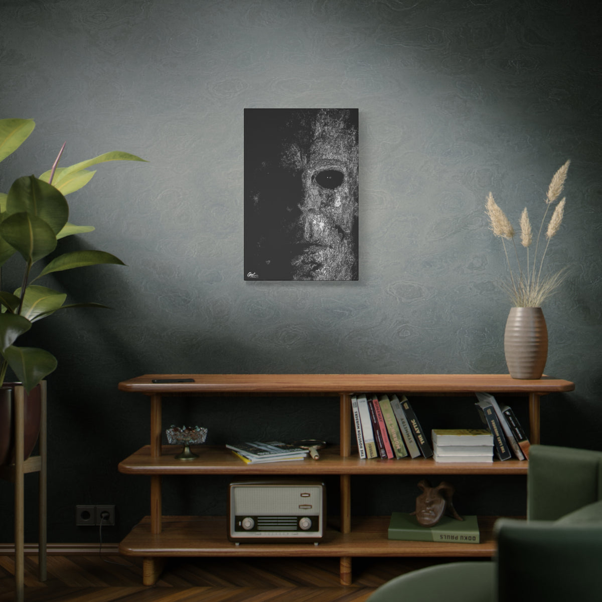 Stalk at Night medium canvas on a green-gray wall over bookshelves, pale mask in black-and-white pen sketch, half in shadow