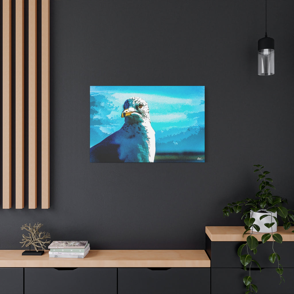 Carolina Seagull large canvas on a charcoal wall by wood slats, pier seagull close-up in vivid blues