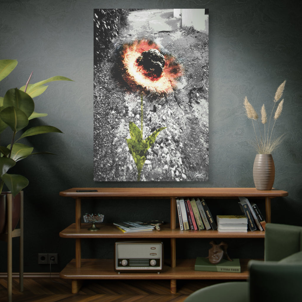 Meteor Flower oversized canvas above a wooden bookshelf, pothole crater ringed in orange, red and yellow like a flower