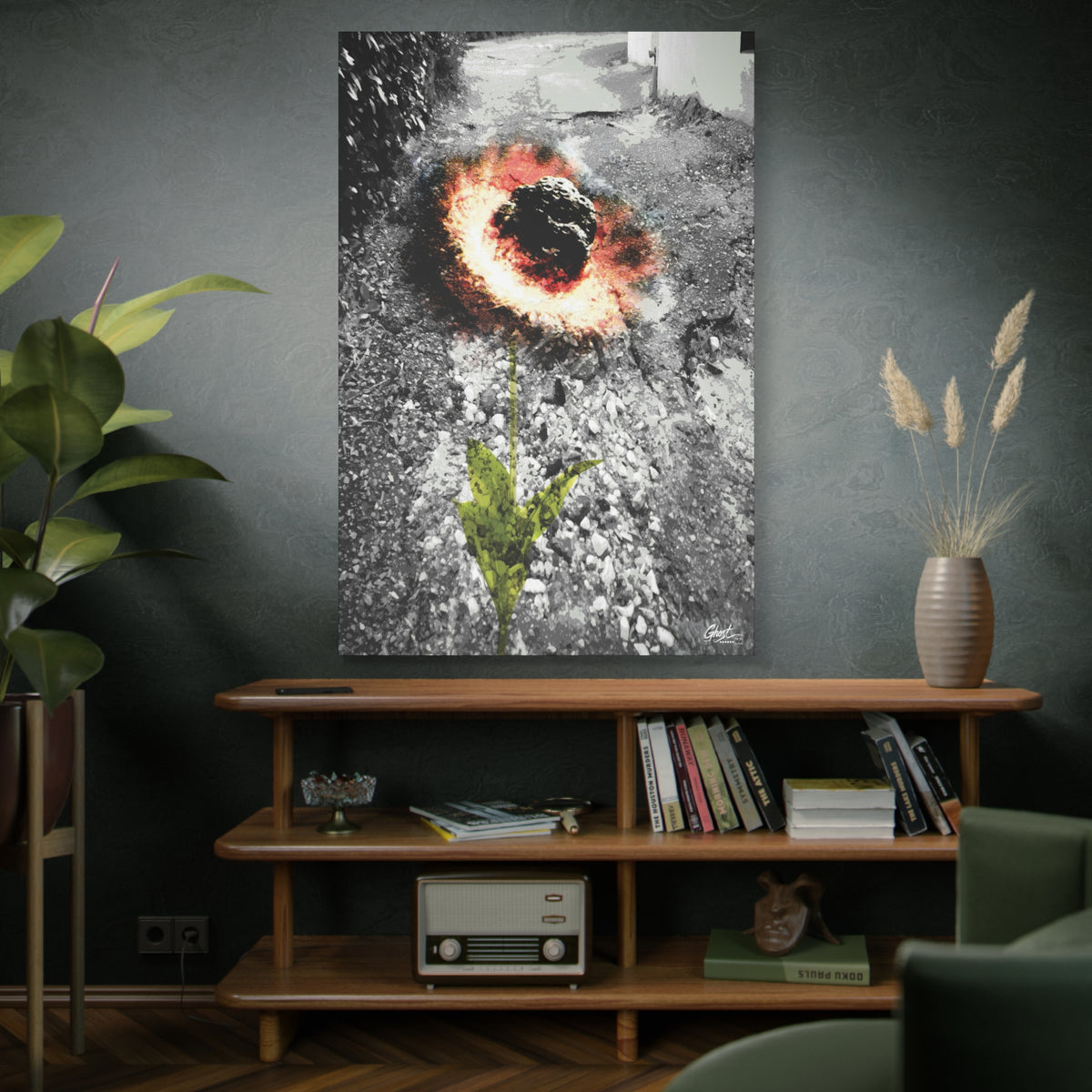 Meteor Flower oversized canvas above a wooden bookshelf, pothole crater ringed in orange, red and yellow like a flower