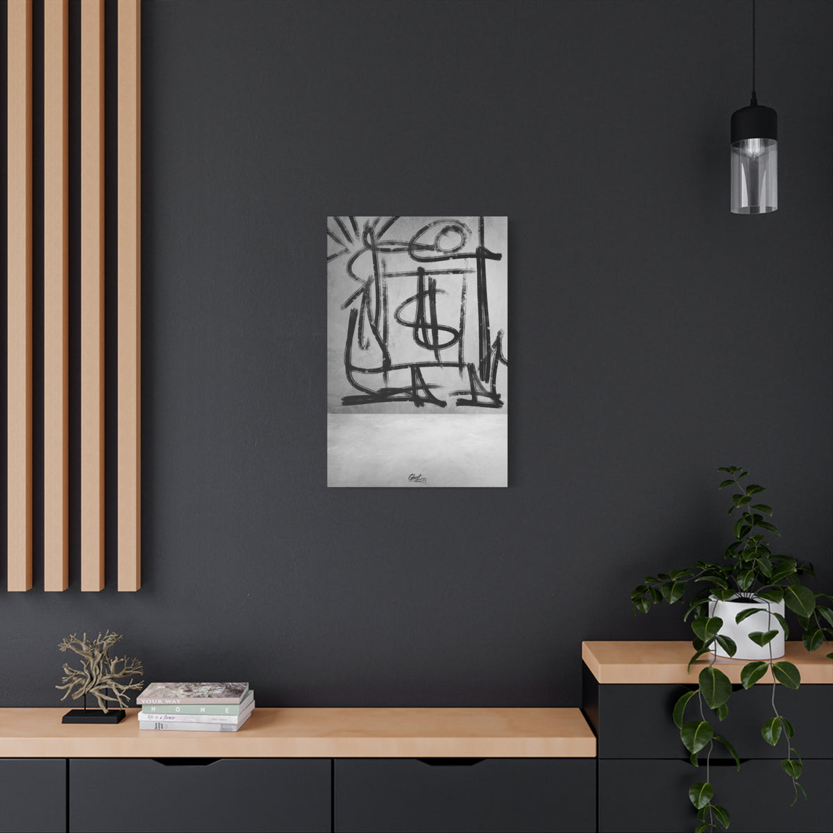 Best Day Ever medium canvas on a charcoal wall over an oak shelf, bold charcoal strokes tracing playful abstract shapes
