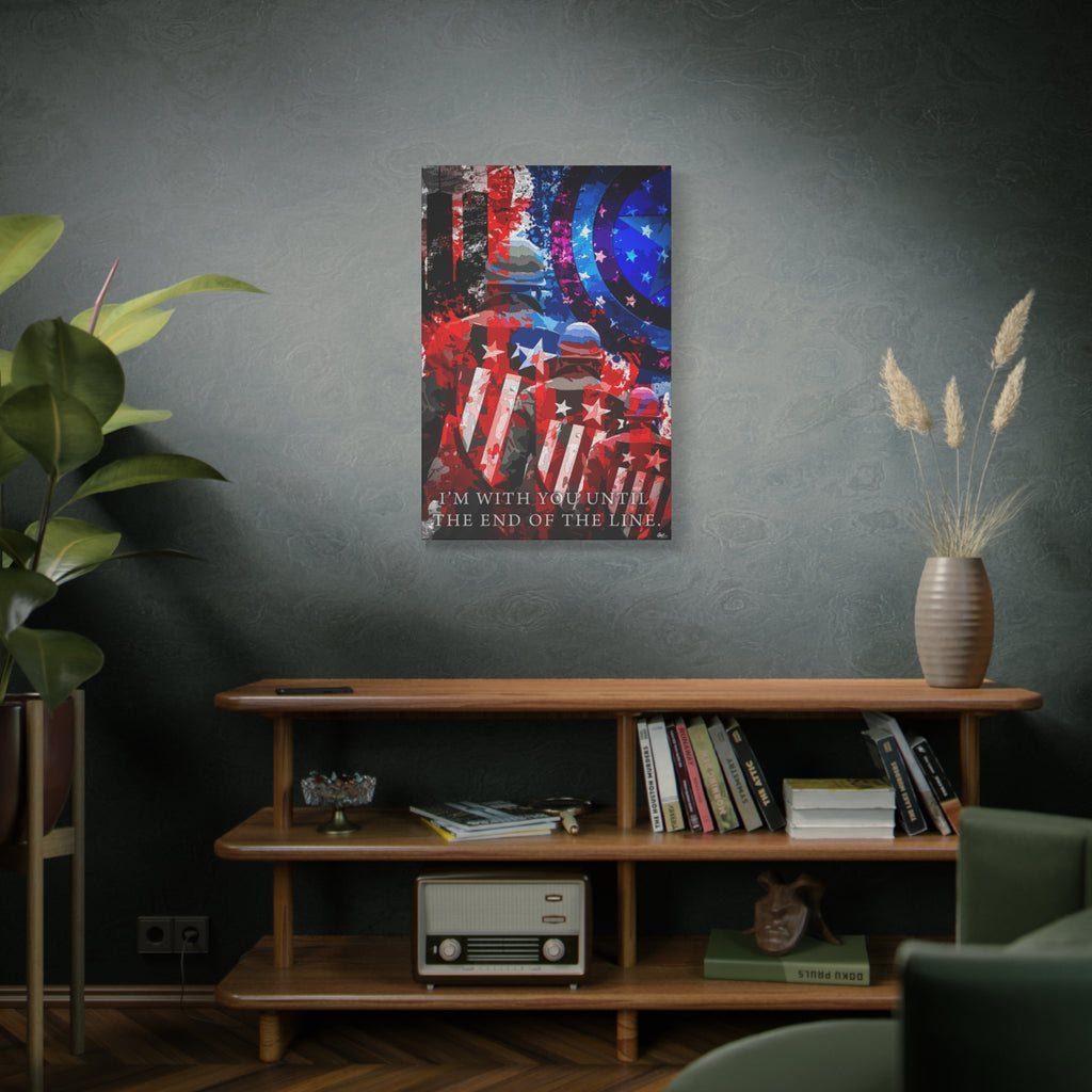 9/11 Never Forget large canvas on a green-gray wall over bookshelves, patriotic tribute in red, white, blue and smoke gray