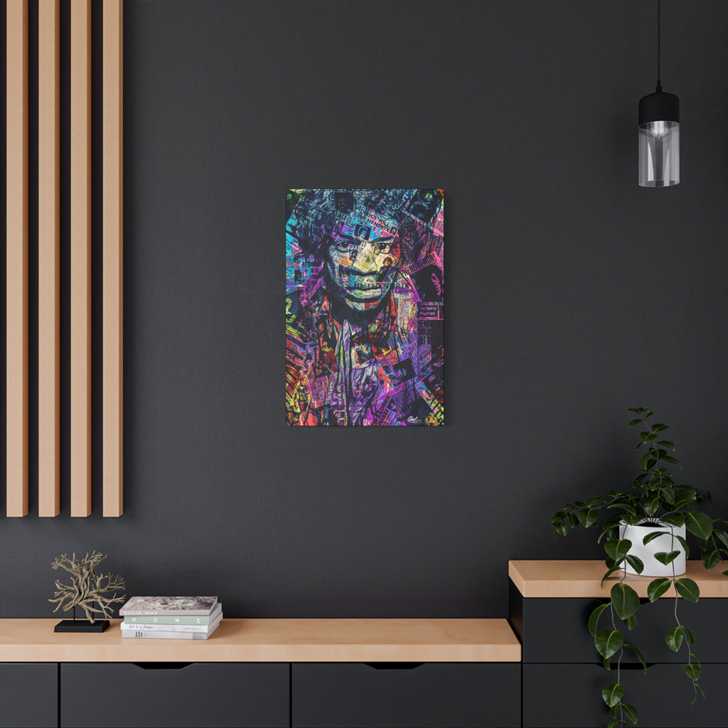 Purple Voodoo medium canvas on a charcoal wall by wood slats, hazy music-collage portrait in deep blues