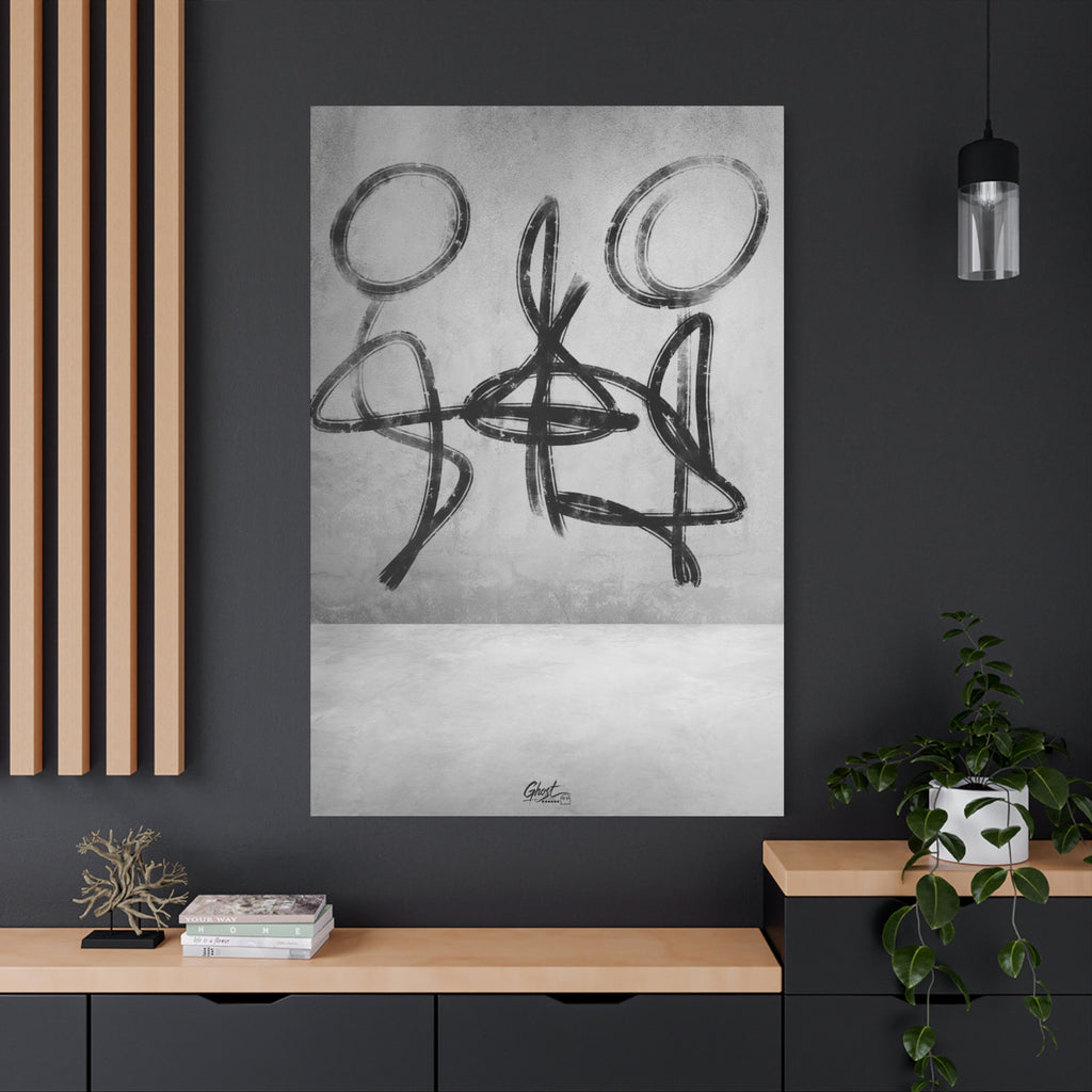 Infinity oversized canvas on a charcoal wall over an oak shelf, gestural charcoal-style abstract figures