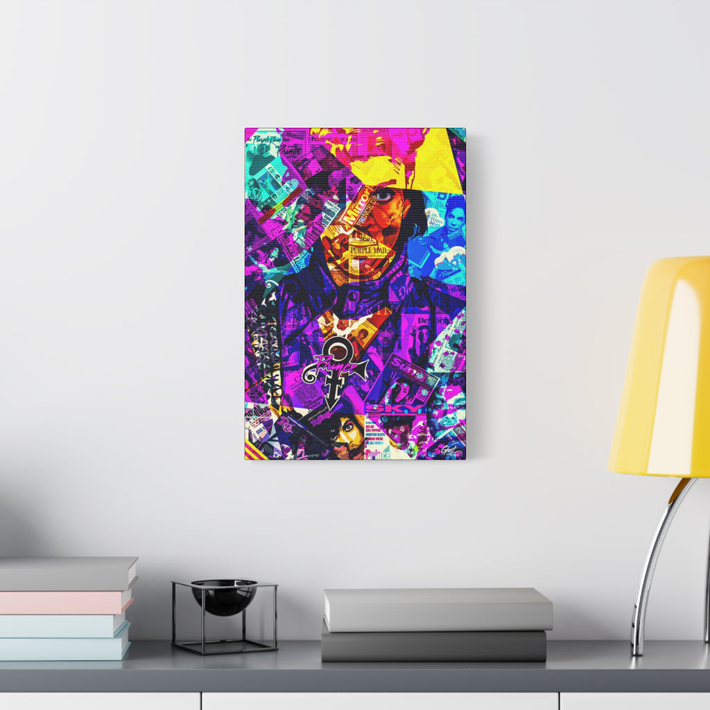 The Symbol medium canvas beside a yellow desk lamp, portrait in a yellow hat over a purple and teal magazine collage