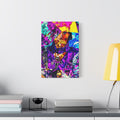 The Symbol medium canvas beside a yellow desk lamp, portrait in a yellow hat over a purple and teal magazine collage