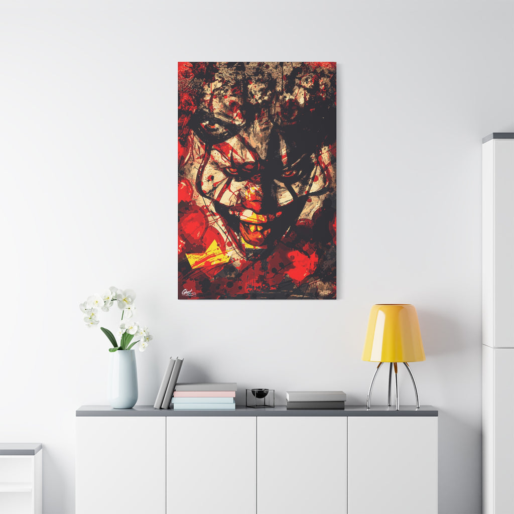 Down in a Drain large canvas on a white wall over a sideboard, grunge clown portrait with red splatter