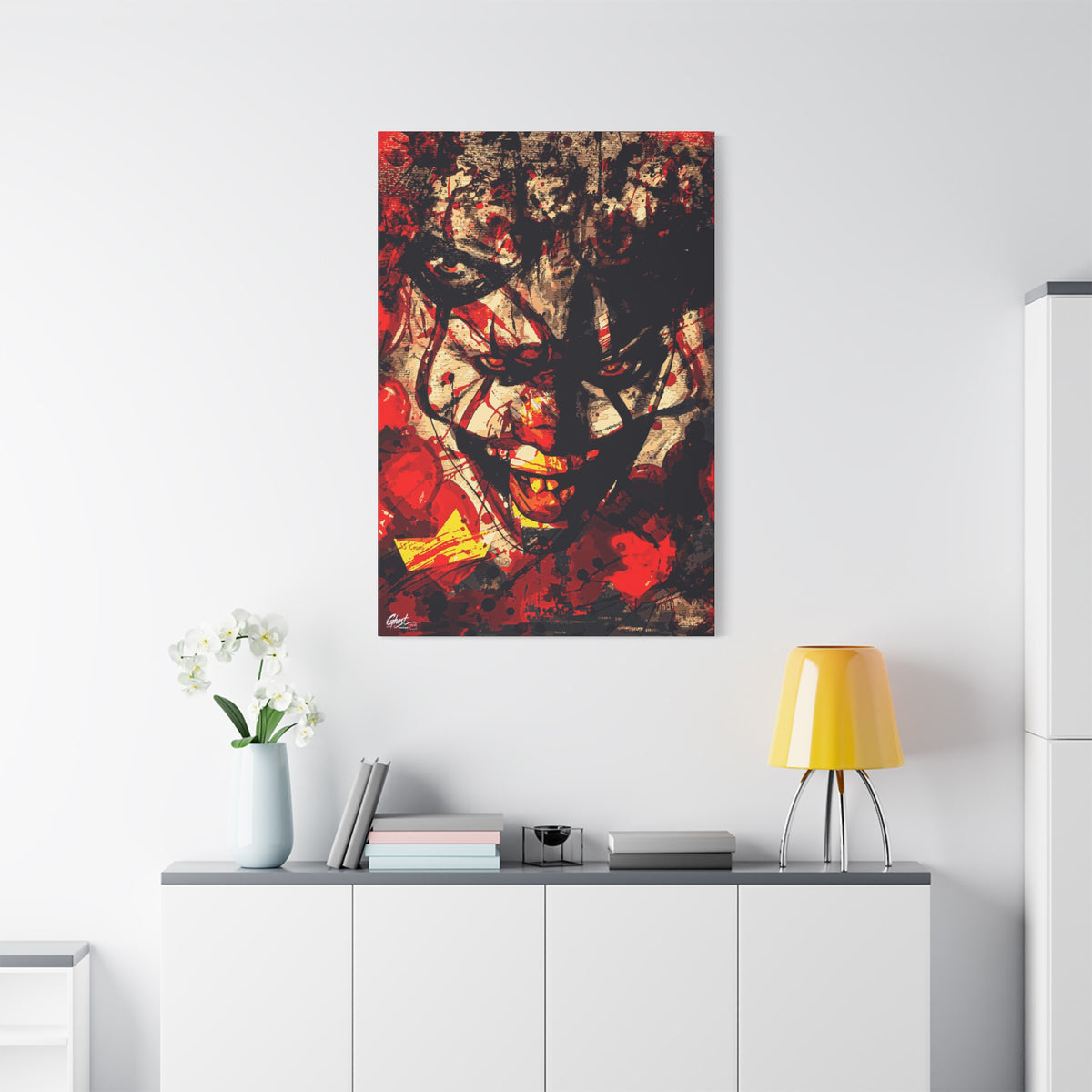 Down in a Drain large canvas on a white wall over a sideboard, grunge clown portrait with red splatter