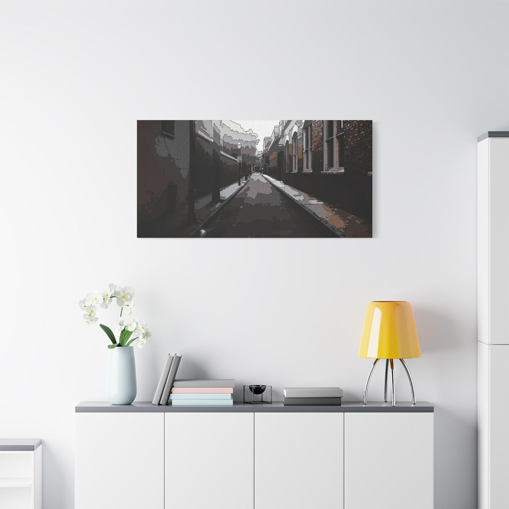Charleston One Way large canvas on a white wall over a sideboard, narrow one-way alley in dark, muted tones