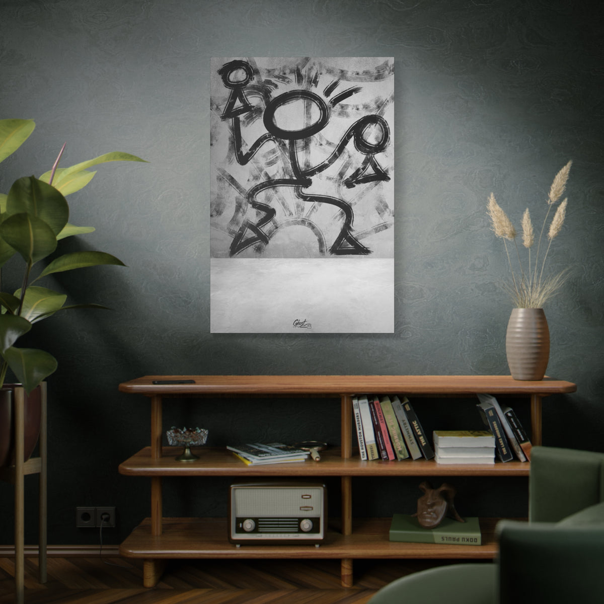 Trapped large canvas above a wooden bookshelf, black-and-white brushstroke figure pressing against invisible walls