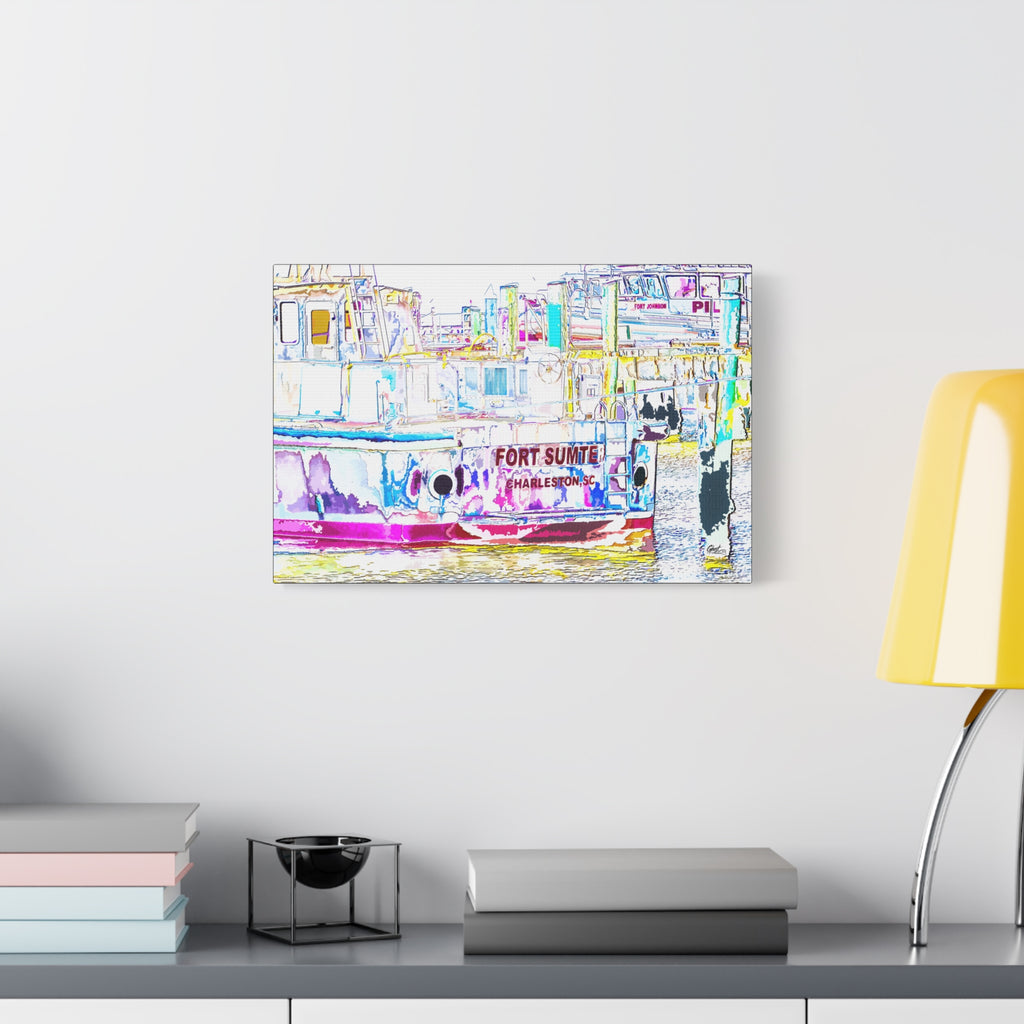 Fort Sumter Retro large canvas beside a yellow desk lamp, retro neon-tinted, pen-drawn Fort Sumter tour boat