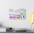 Fort Sumter Retro large canvas beside a yellow desk lamp, retro neon-tinted, pen-drawn Fort Sumter tour boat