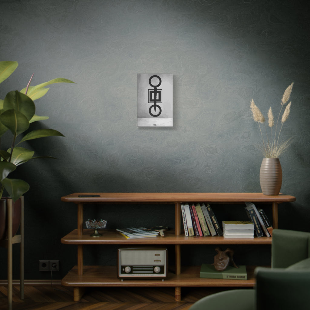 Down is Up small canvas on a green-gray wall over bookshelves, black-and-white geometric charcoal-style abstract