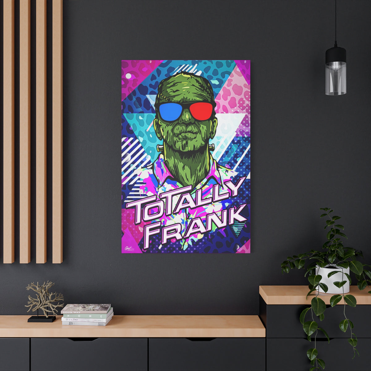 Monster Vibes large canvas on a charcoal wall by wood slats, green monster in red-and-blue 3D glasses and a tropical shirt