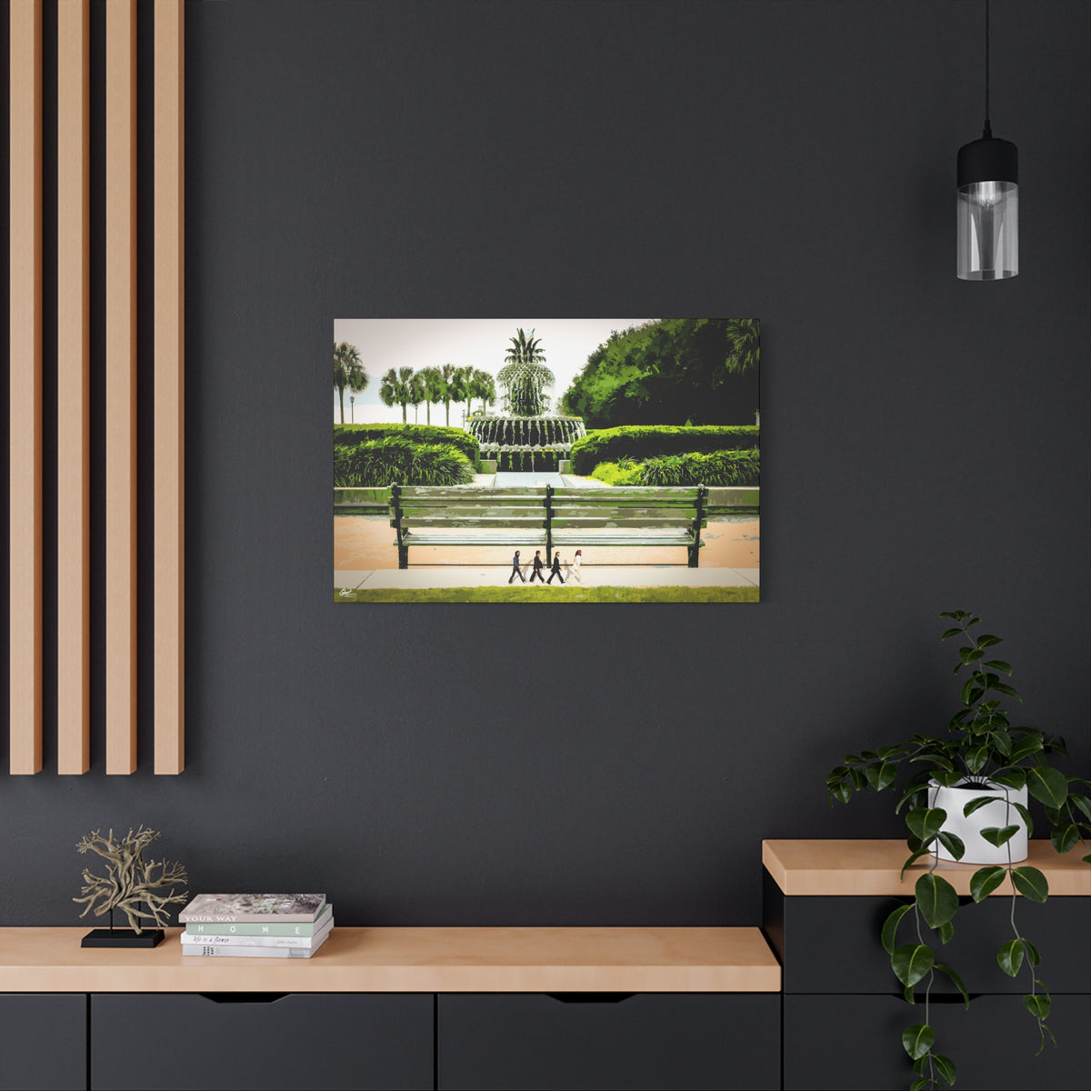 Pineapple Crossing large canvas on a charcoal wall by wood slats, painterly park scene with the pineapple fountain