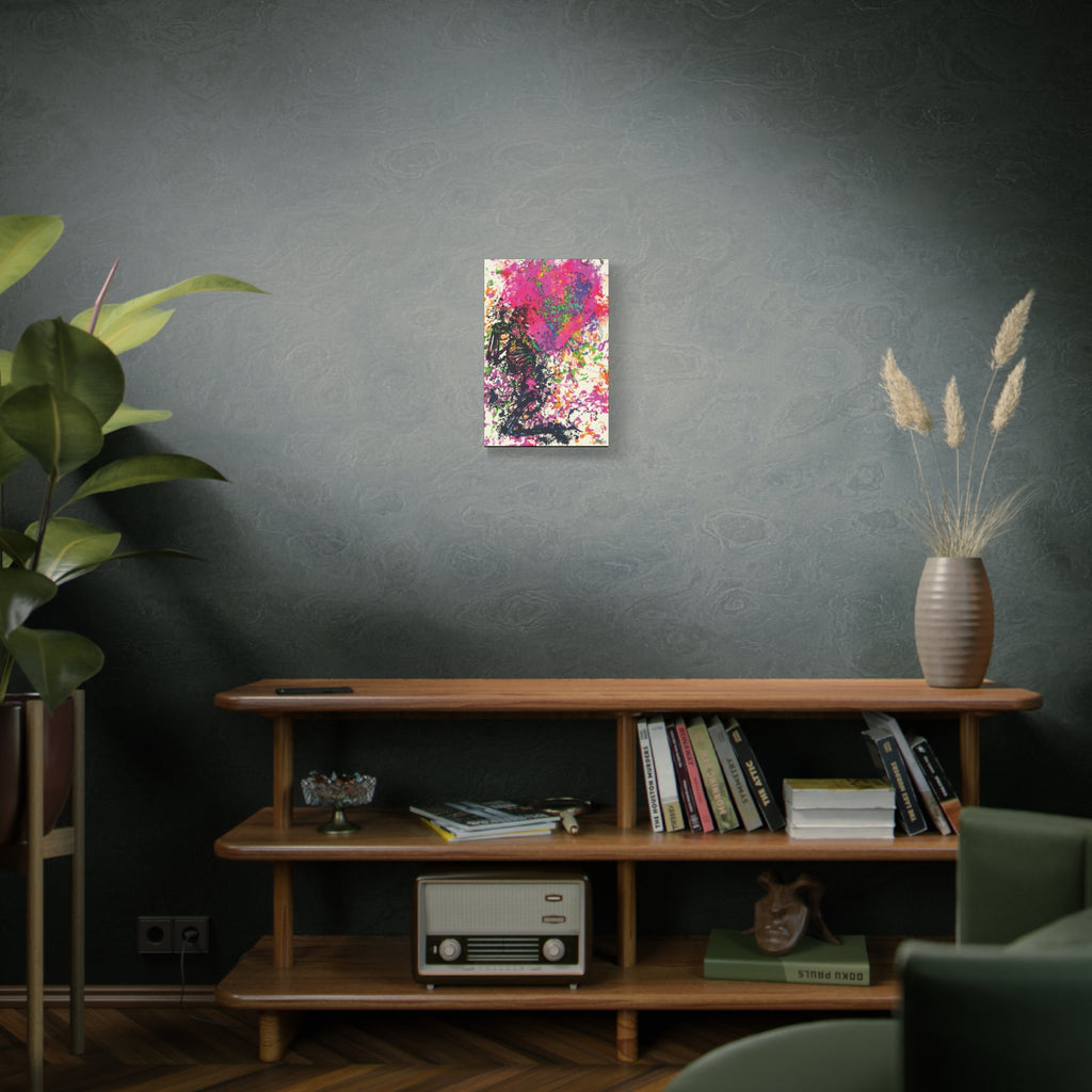 Waiting on My Love canvas on a green-gray wall over bookshelves, magenta and black splatter heart with a kneeling figure