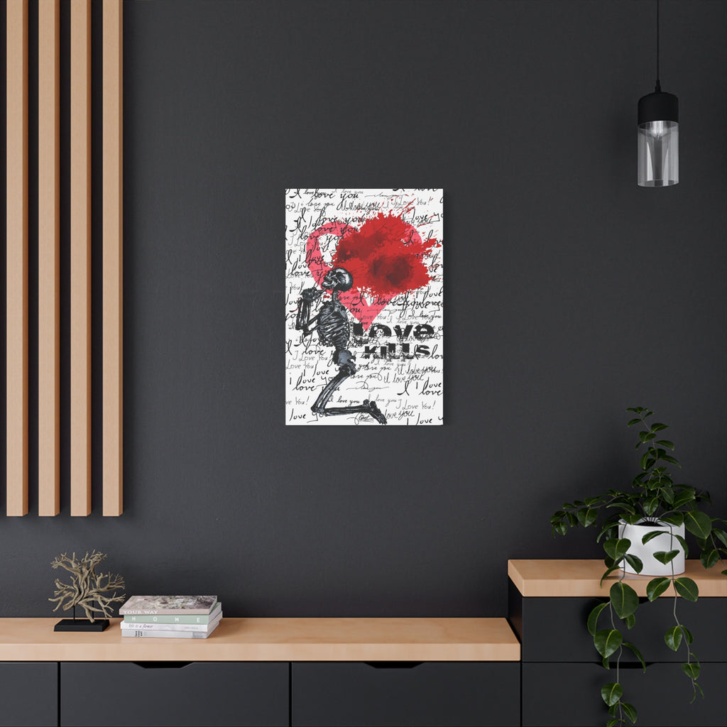 Love Kills medium canvas on a charcoal wall by wood slats, black linework skeleton with red splatter heart