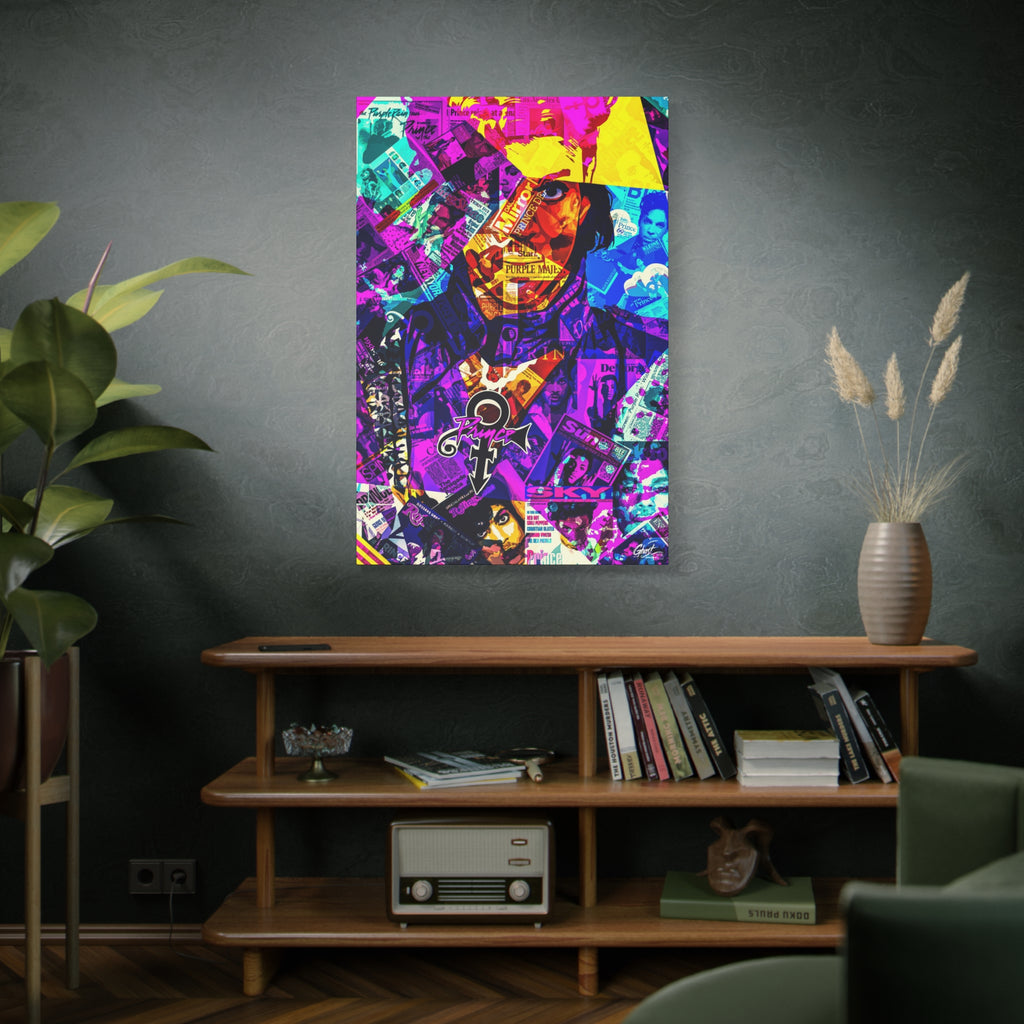 The Symbol large canvas on a green-gray wall over bookshelves, vibrant collage portrait in magenta and gold