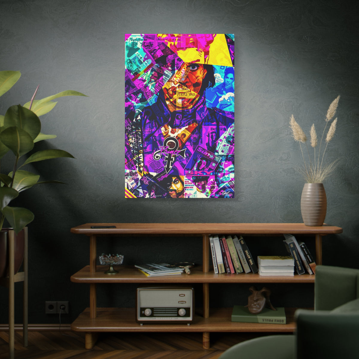 The Symbol large canvas on a green-gray wall over bookshelves, vibrant collage portrait in magenta and gold