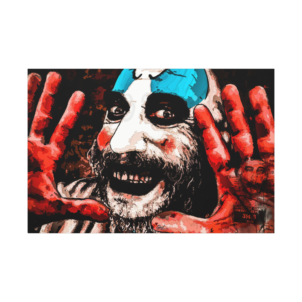 Don't Turn Your Back canvas print, front view: grinning clown with blue-and-white face paint and red hands