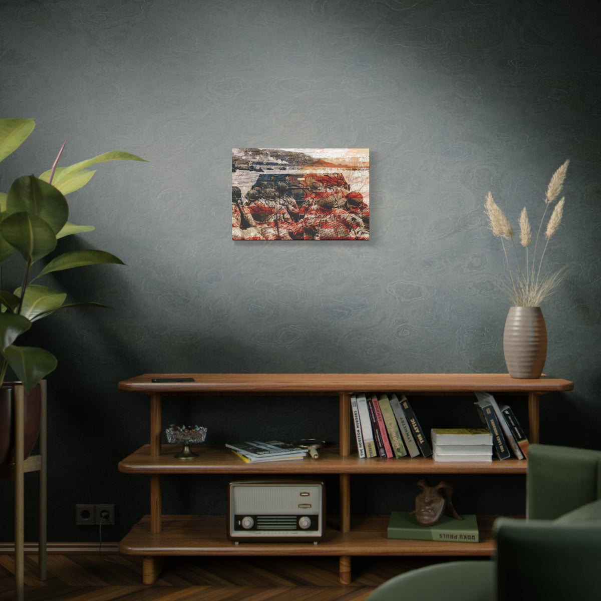 D-Day 75th Anniversary medium canvas above a wooden bookshelf, June 6, 1944 tribute in warm, faded red, white and blue