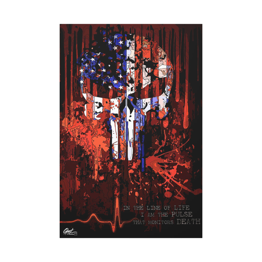 The Vigilante canvas print, front view: skull emblem built from a distressed American flag