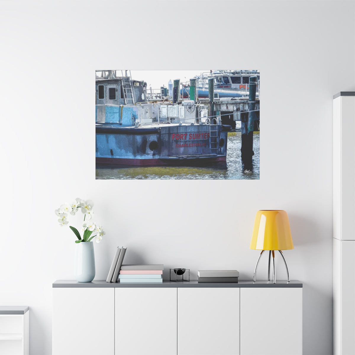 Fort Sumter Enhanced large canvas on a white wall over a sideboard, weathered harbor boat with hand-drawn reflections