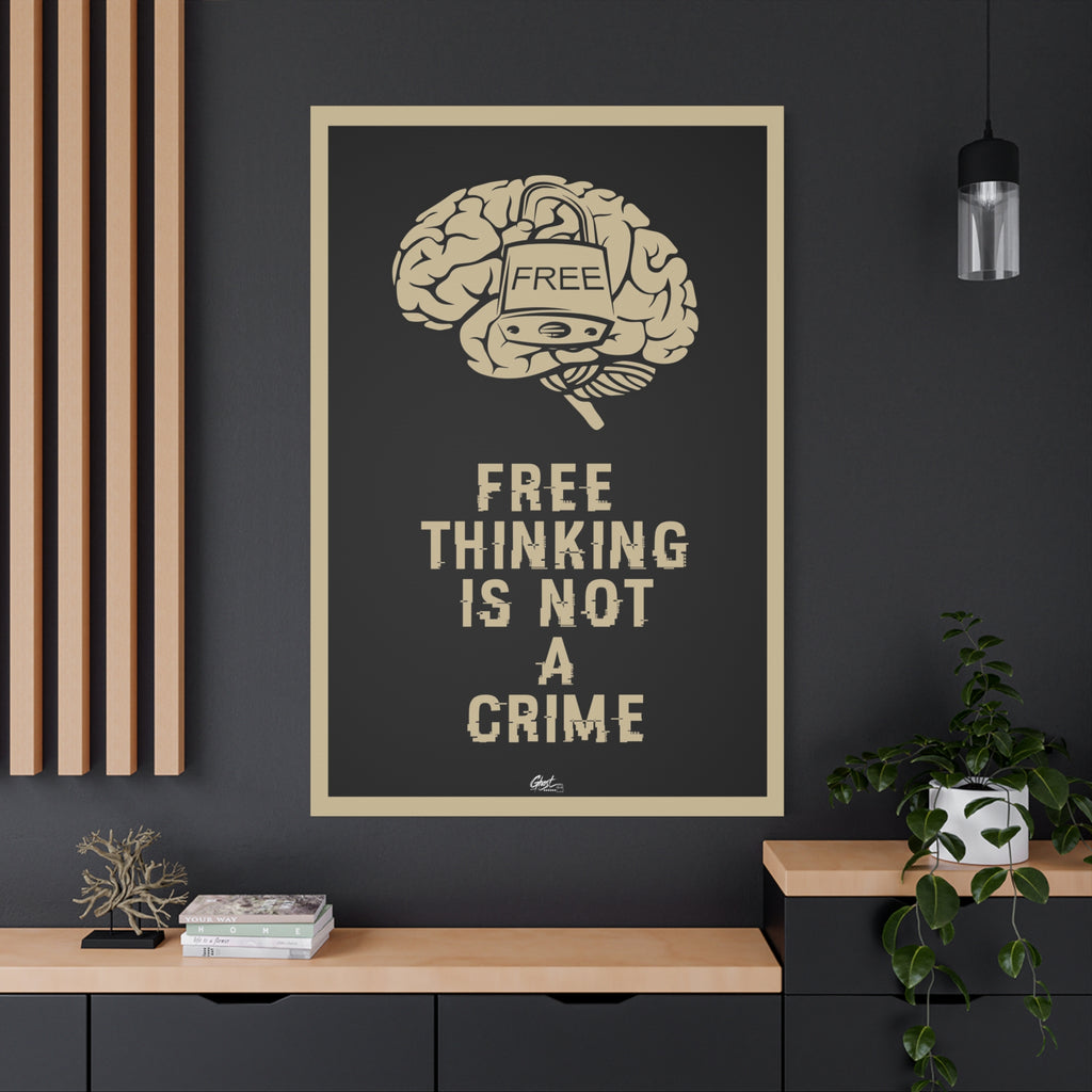 Free Thinking Is Not a Crime oversized canvas on a charcoal wall by wood slats, padlocked brain in beige on charcoal