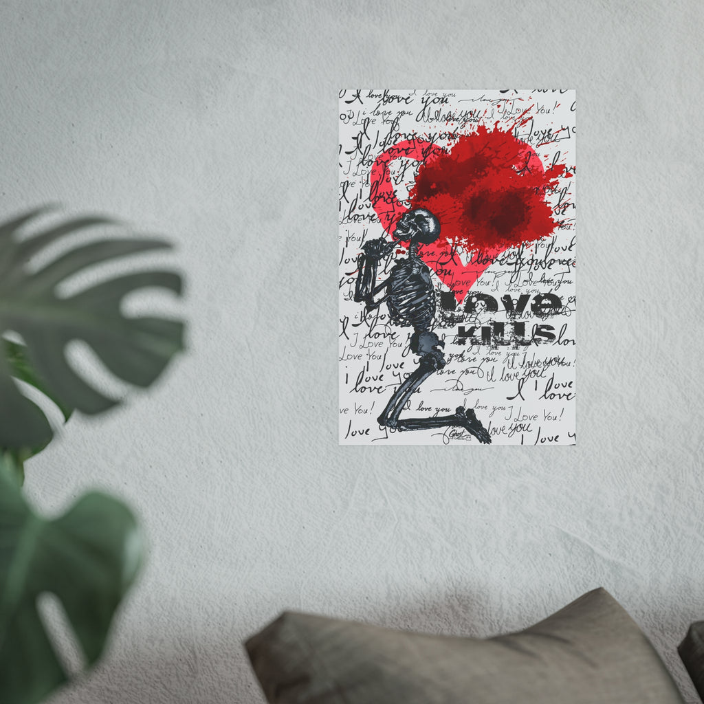 Love Kills art poster on a light gray wall beside a monstera plant
