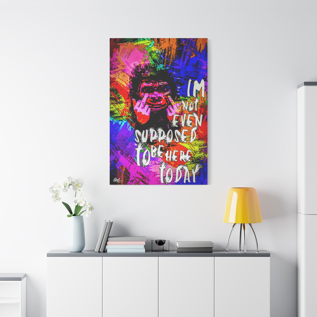 Not Even Supposed to Be Here large canvas on a white wall over a sideboard, neon pop-art ape over bold halftone color