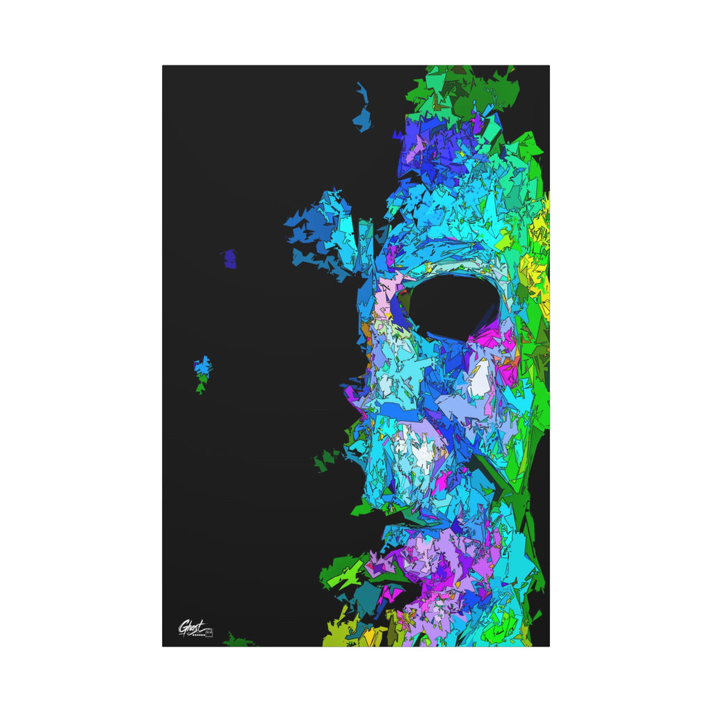 Stalk at Night, Prism Edition canvas print, front view: pale mask built from neon blue, violet and green shards