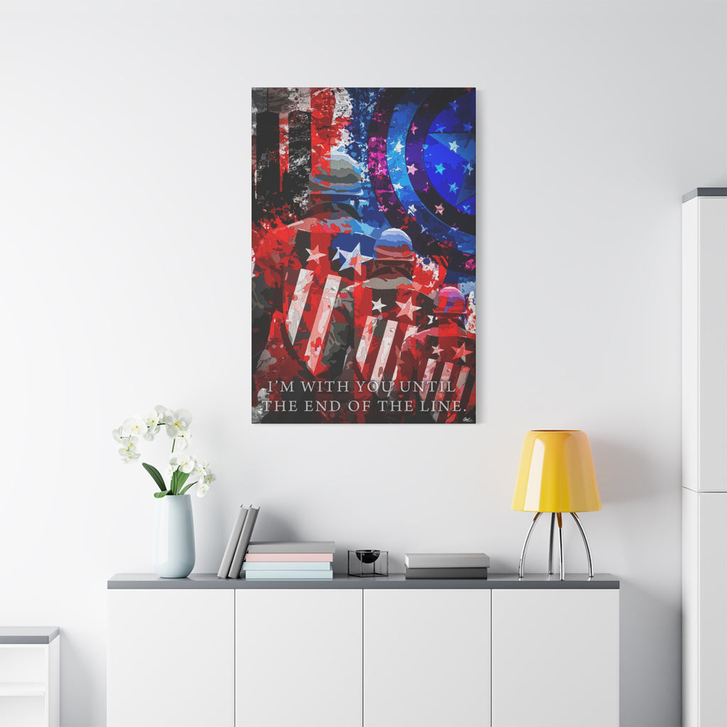 9/11 Never Forget medium canvas on a white wall over a sideboard, patriotic tribute in red, white, blue and smoke gray