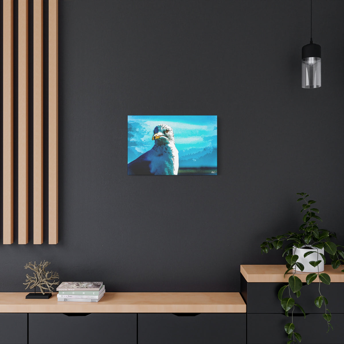 Carolina Seagull medium canvas on a charcoal wall by wood slats, pier seagull close-up in vivid blues