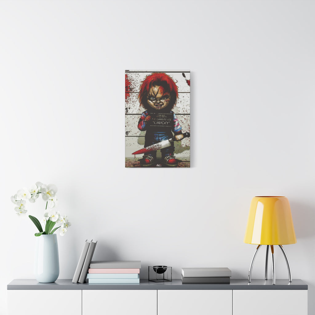 Best Friends Forever small canvas over a console with white flowers, red-haired doll with a booking placard and bloodied knife
