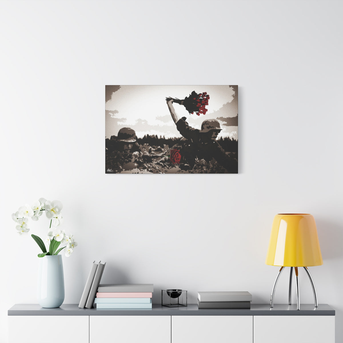 War Peace oversized canvas on a white wall above a console, wartime scene with a bouquet of deep red roses