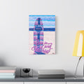 Drop In and Wash Out, Folly Beach medium canvas beside a yellow desk lamp, sun-bleached surfboard art in soft pinks and blues