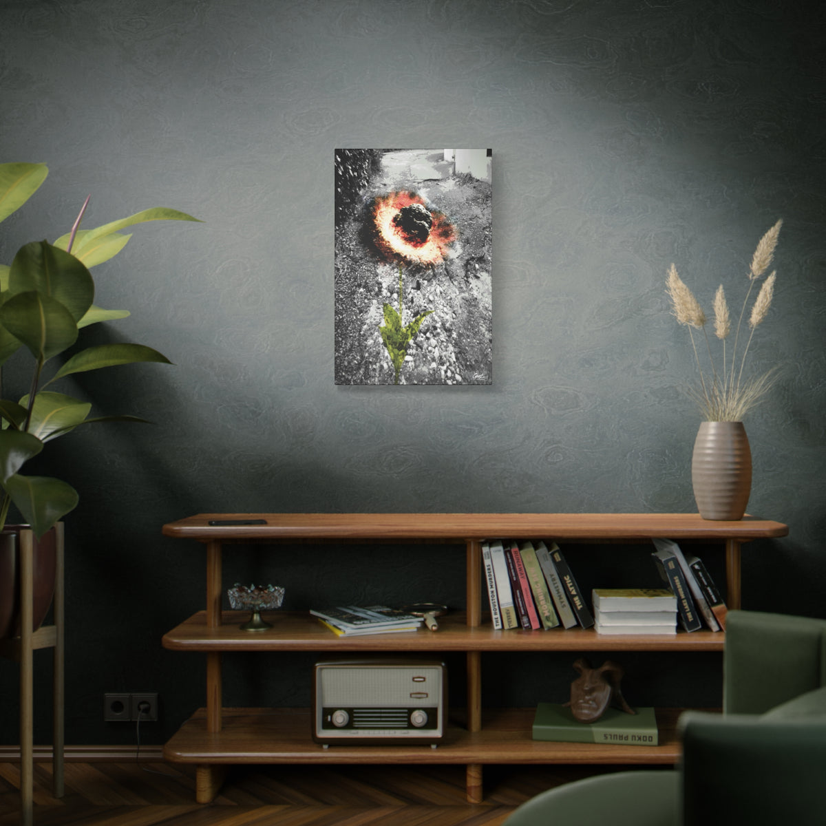 Meteor Flower medium canvas above a wooden bookshelf, meteor-like bloom of fiery color in broken asphalt