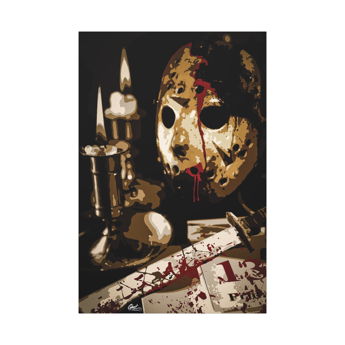 Off the Clock canvas print, front view: bloodied hockey mask beside lit candles and a machete