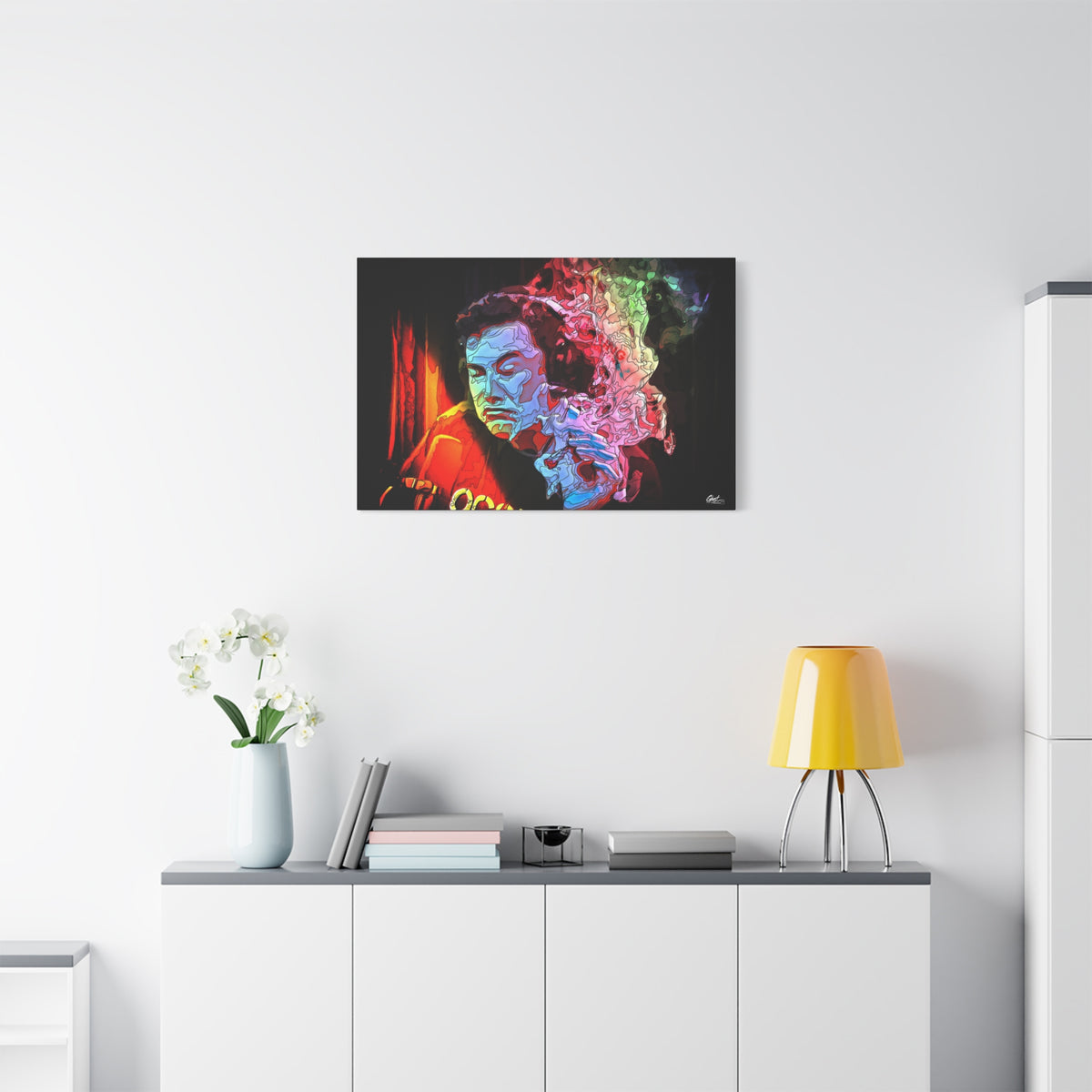 Launch Window medium canvas above a white sideboard and yellow lamp, ice-blue portrait with an eruption of psychedelic smoke
