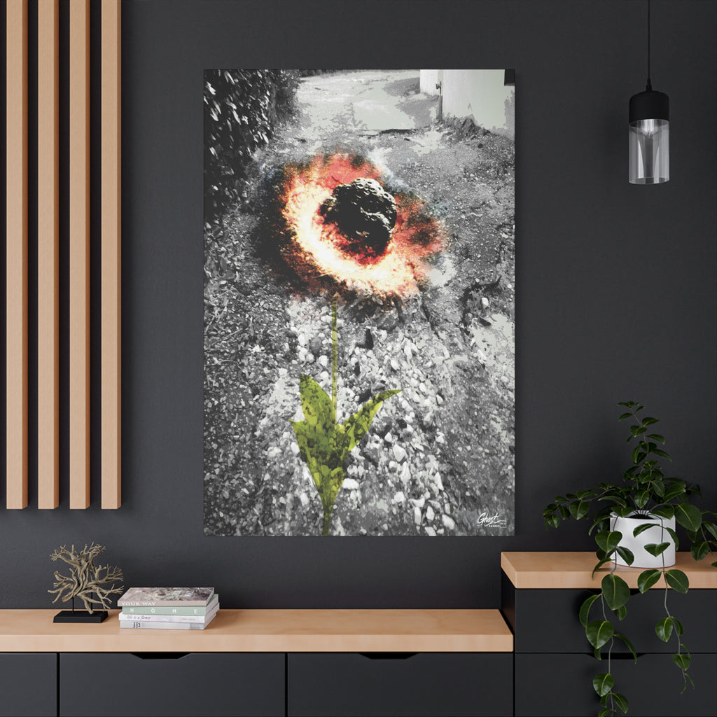 Meteor Flower oversized canvas on a charcoal wall over an oak shelf, meteor-like bloom of fiery color in broken asphalt