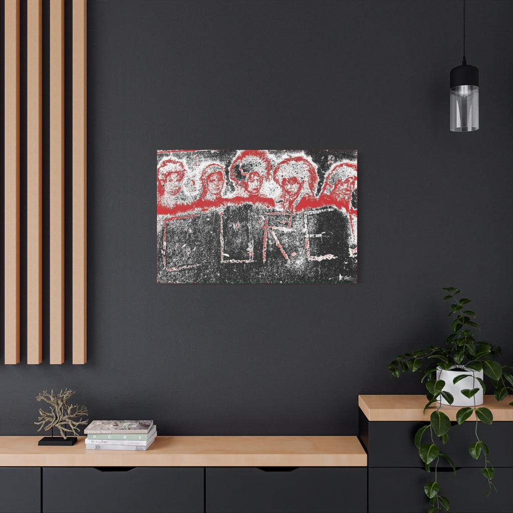 Lowcountry Medicine medium canvas on a charcoal wall over an oak shelf, red-outlined faces over engraved lettering in a grungy sidewalk